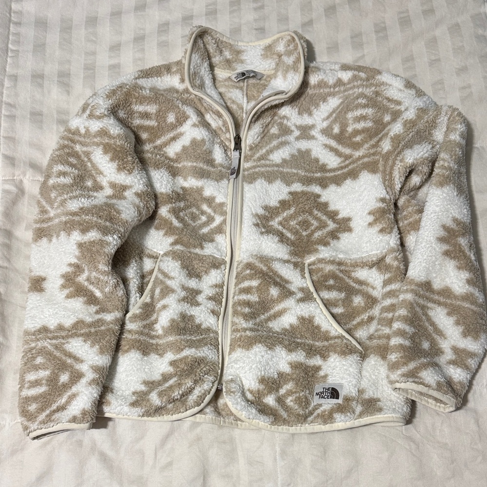 The North Face Tan and White Patterned Fleece Jacket